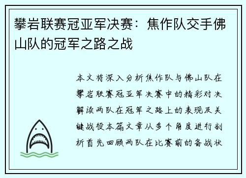 攀岩联赛冠亚军决赛：焦作队交手佛山队的冠军之路之战